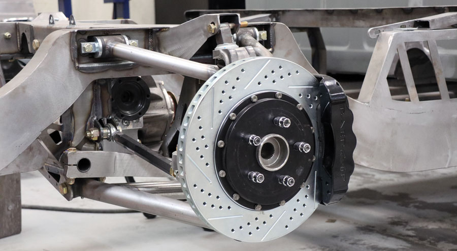 Corvette C6 spindles and hubs are a mainstay on the RS, FT chassis and in this build Baer six-piston calipers, drilled and slotted rotors are used.