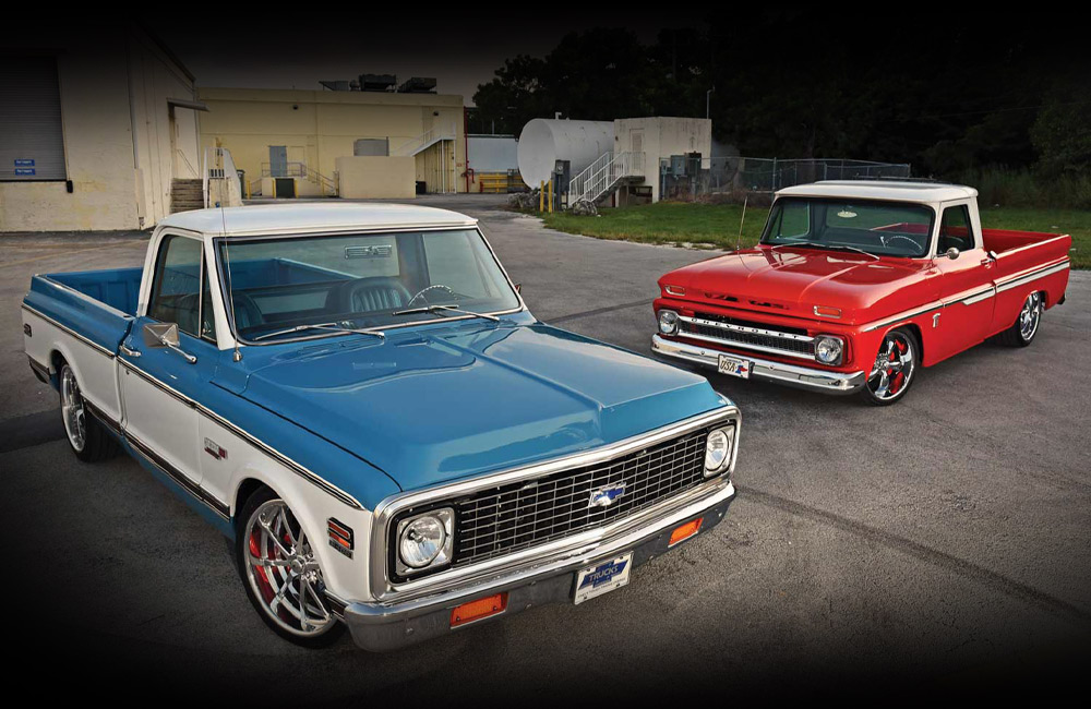 Red 1965 Chevy C10 and blue 1972 Chevy Cheyenne Super
