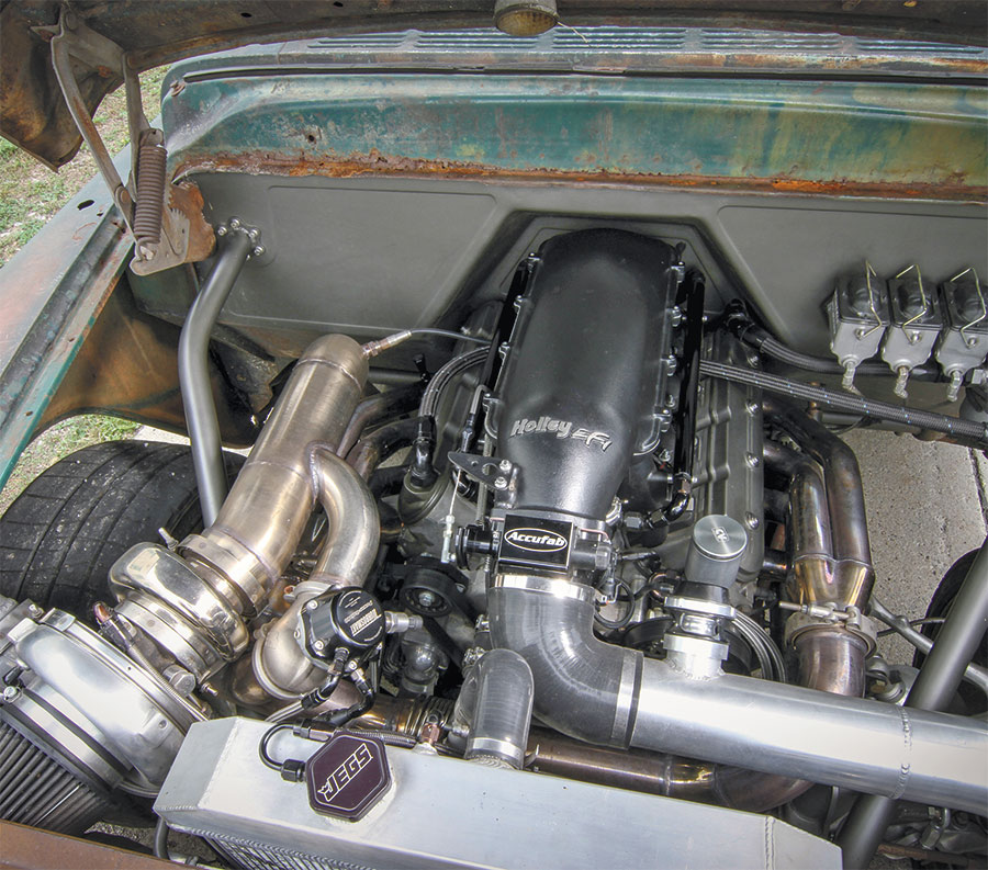 view of 1956 Chevy 3100 under the hood