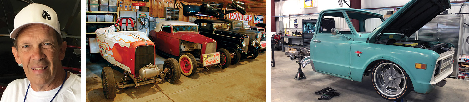 Brian Brennan, old cars in a garage, and an old Chevy being worked on