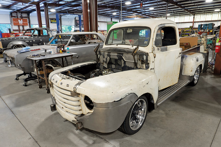 Ken Sency’s 1951 Ford pickup in the midst of the sheetmetal work