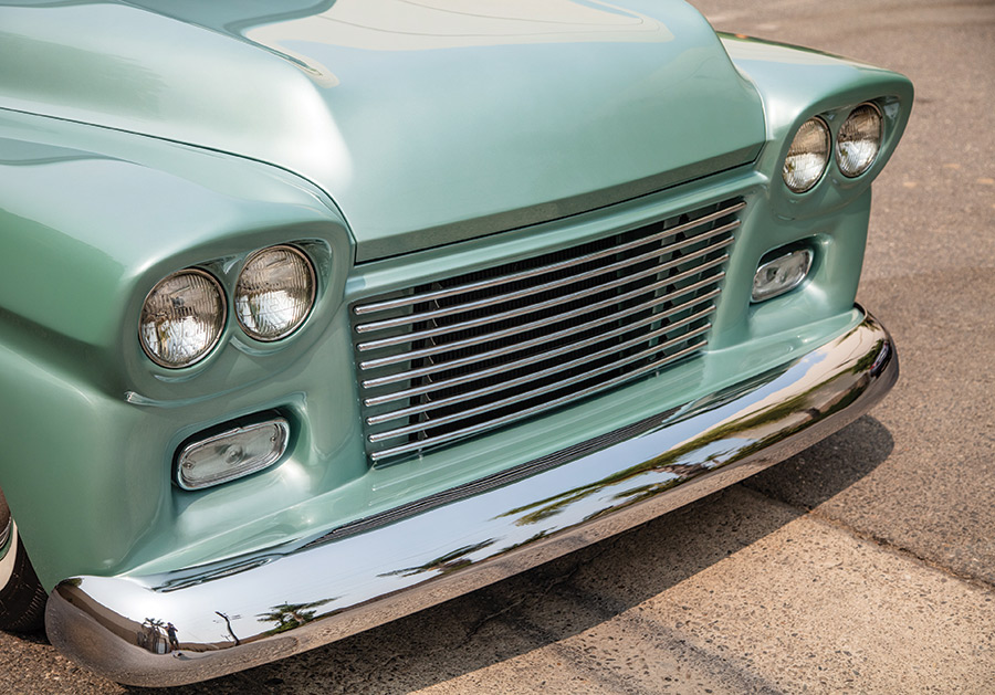 1959 Chevy Apache grill and headlights closeup