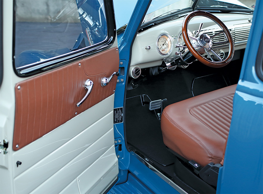 interior view of 1949 Chevy 3100 driver's seat and steering wheel