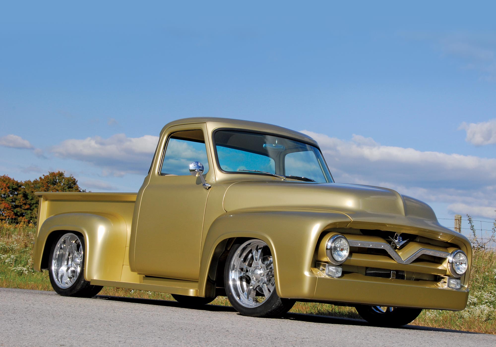 view of Steve Bloom's gold 1955 Ford F-100