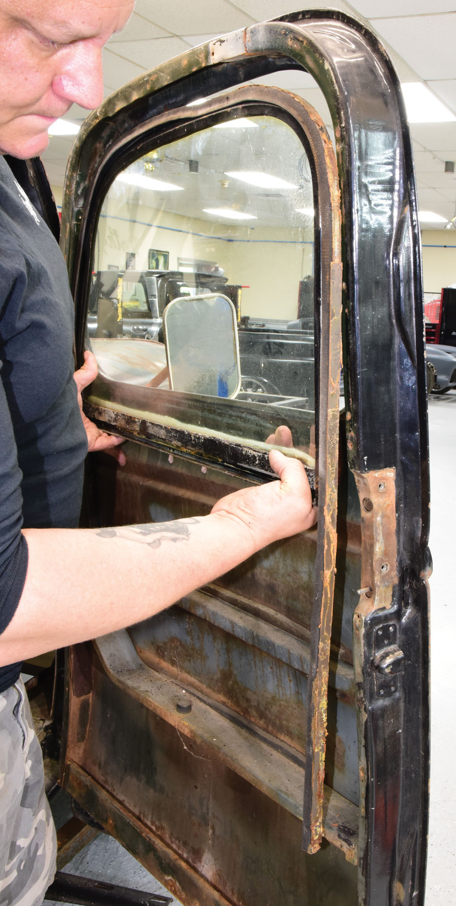 6: Finally, the door glass with frame and inner flex channel were removed to prepare them for a full rebuild with parts exclusively from Chevs of the 40’s