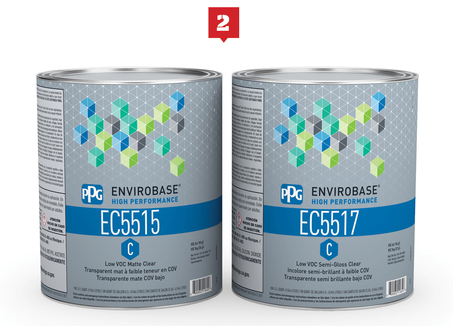 cans of PPG's 2.1 Low VOC Matte and Semi-Gloss Clearcoats