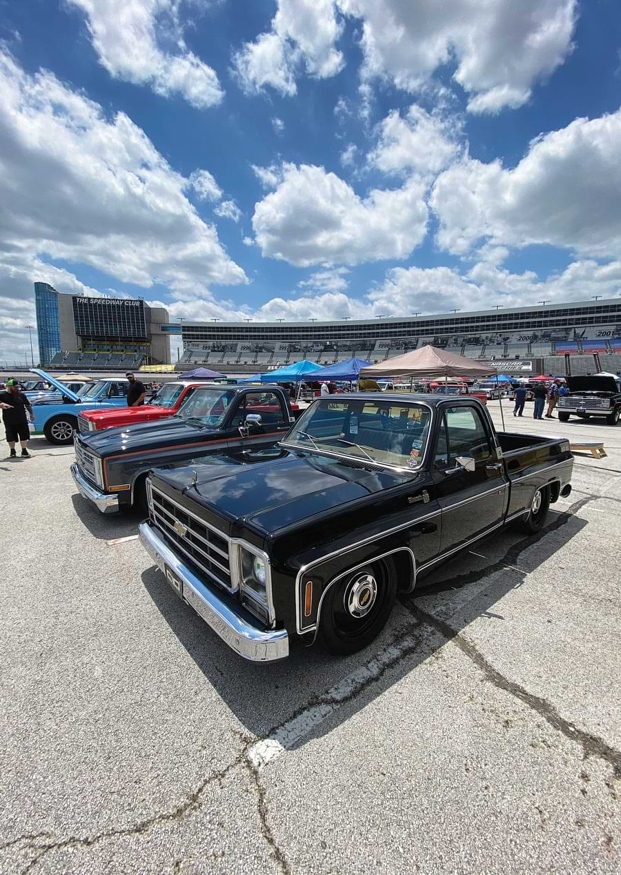 C10s lined up at Classic Parts of America C10 Nationals Truck Show
