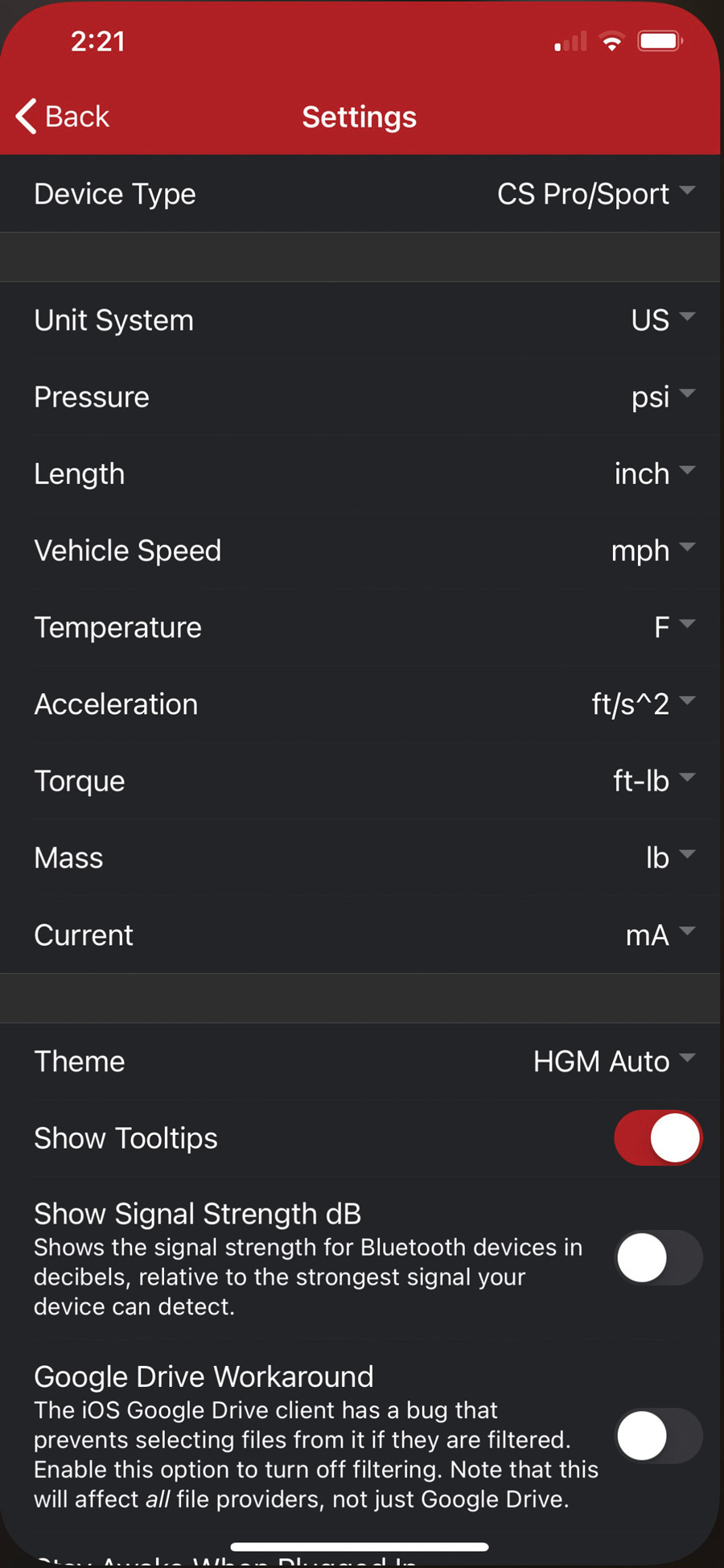 App settings screenshot