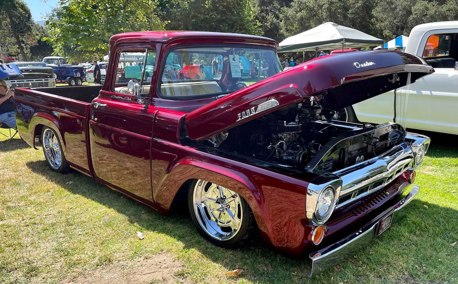 Dark red F-100 with hood open