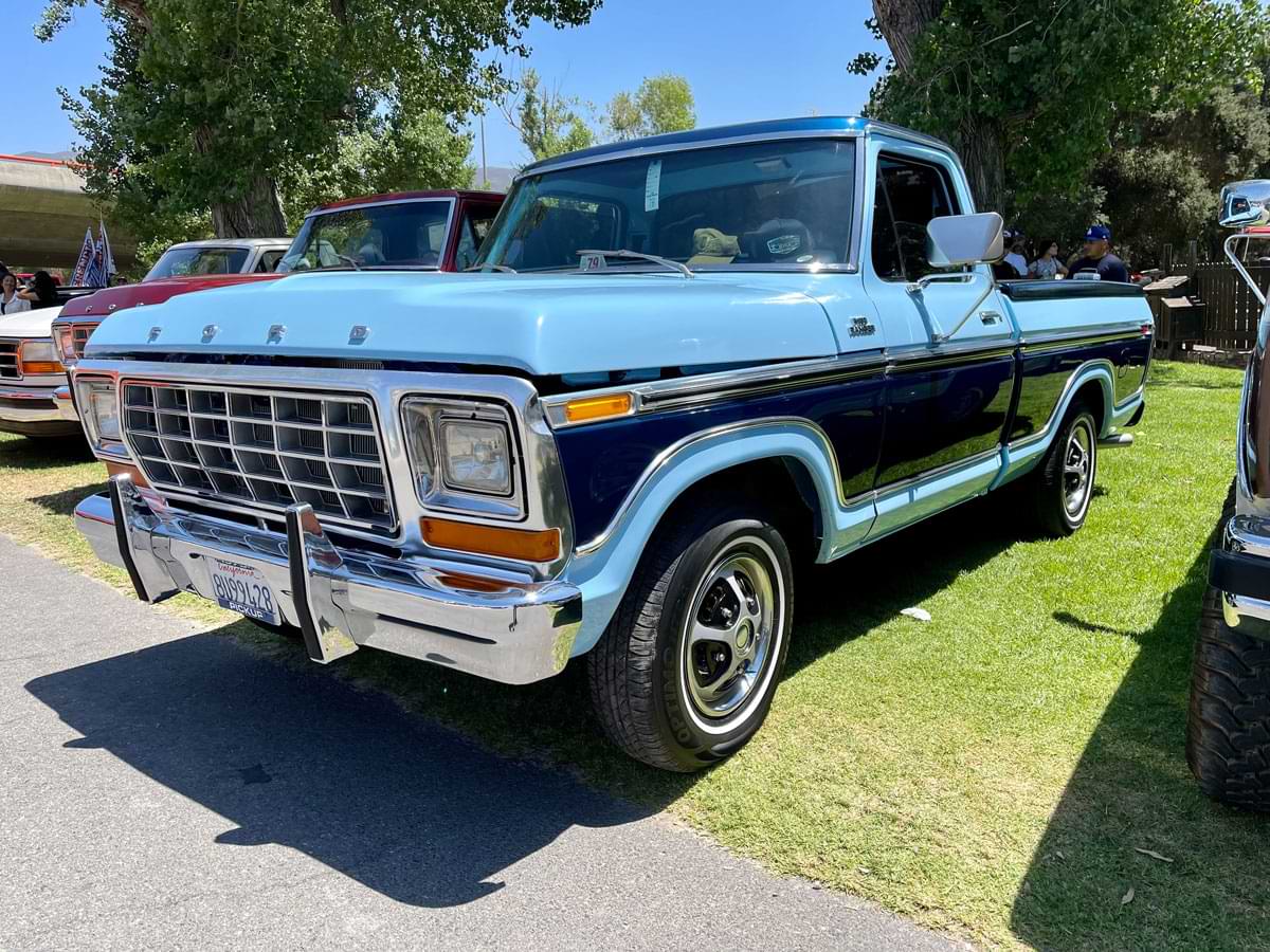Light blue F-100 with navy blue trim front view
