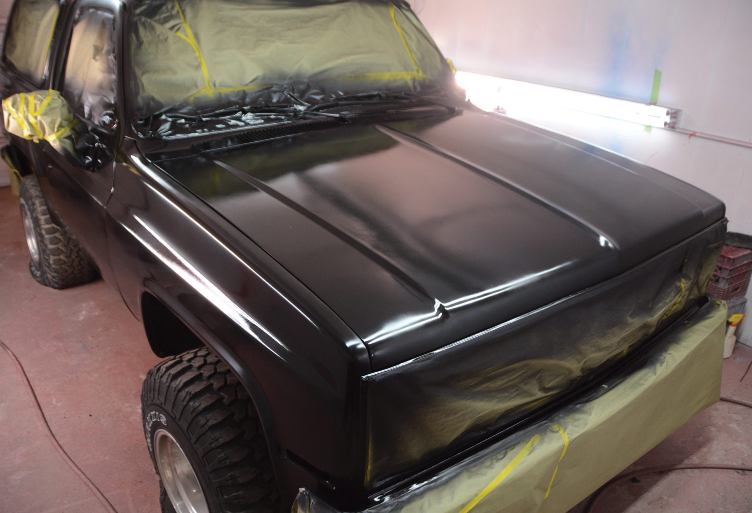 front view of the Blazer with one coat of flat black paint