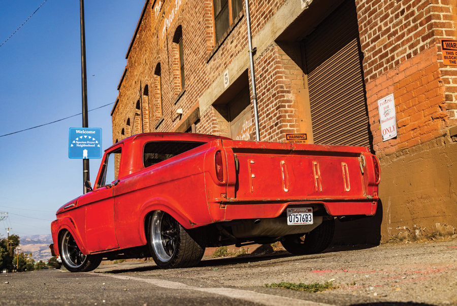 '61 Ford F-100 rear view outside of brick building