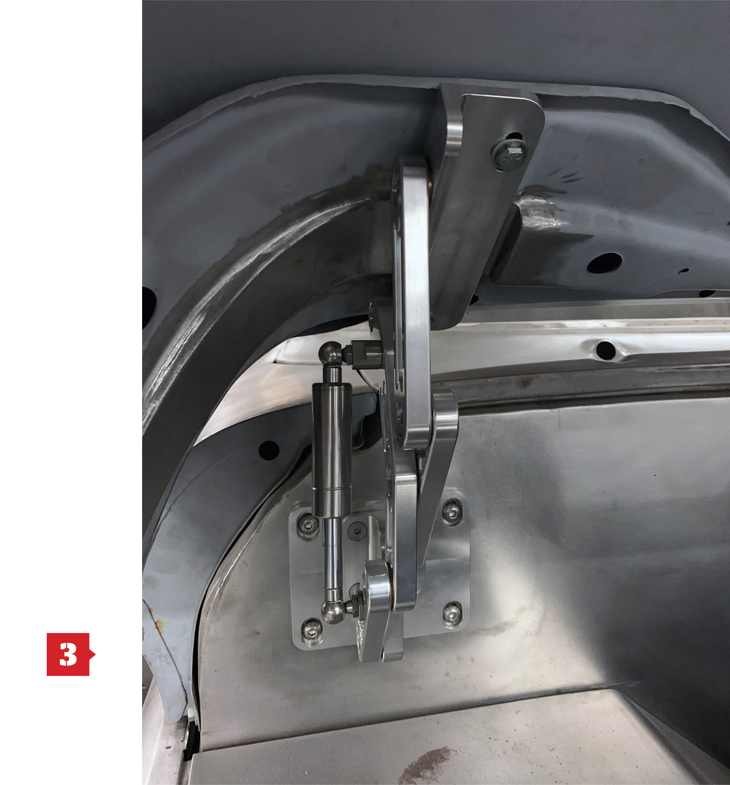 Scott’s Hotrods’ 100 percent American-made CNC Billet LowPro C10 hood hinge installed on a car