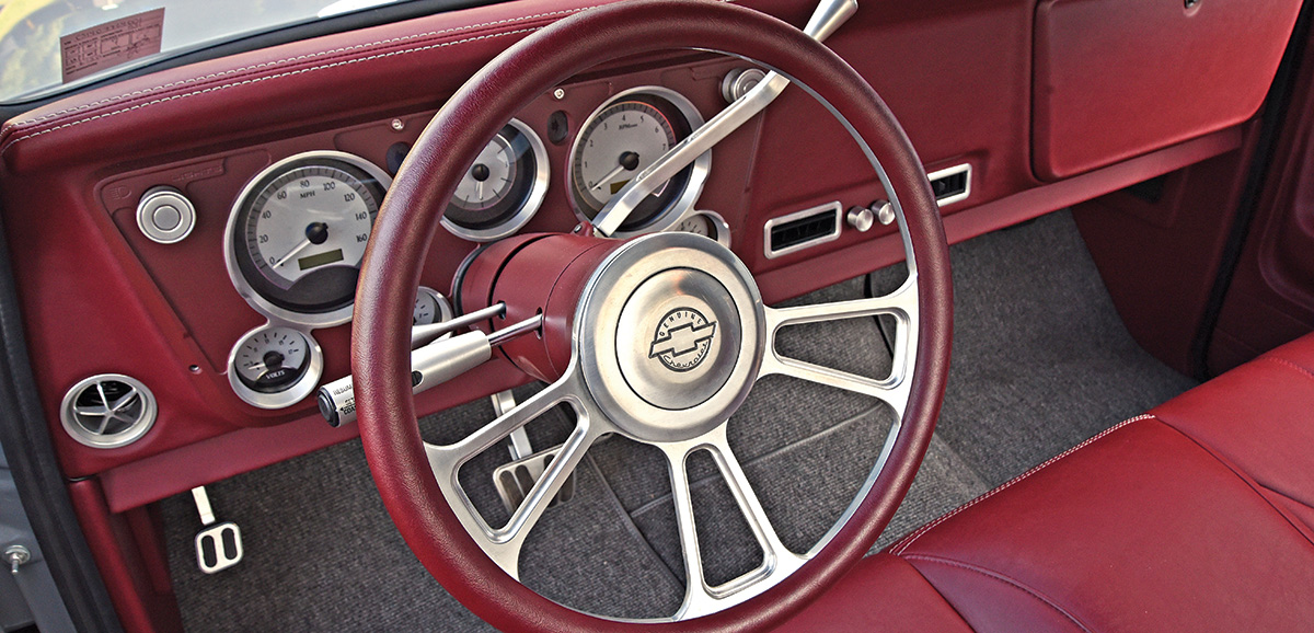 gray C10 steering wheel detailing closeup