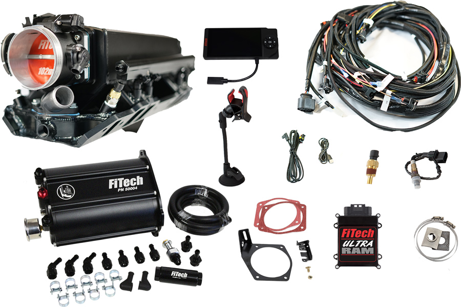 Complete Ultra Ram kits are available for small- and big-block Chevys. Kits include a sheetmetal intake, cast-aluminum throttle body, remote-mount ECU, main harness, handheld controller, cable and windshield mount, wideband O2 sensor, bung kit, coolant sensor, gasket, mini USB cable, instructions, and warranty info. (A fuel pressure regulator is required unless using a regulated fuel delivery system.) 