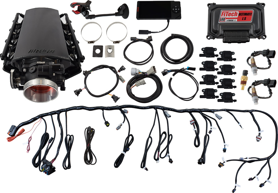 The Ultimate LS Induction Systems from FiTech are based on a short and long runner sheetmetal intake manifold that comes complete with injectors, fuel rails, and cast throttle. They are available to support 500-1,000 hp and to fit different head combinations. Complete kits are available with fuel systems and performance coils.