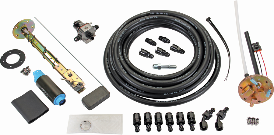 FiTech’s universal fuel pump module can be used on tanks with a depth of 6 to 15 inches and are available with a 340- or 440-LPH pump. The billet top assembly has the supply, return, and vent ports.