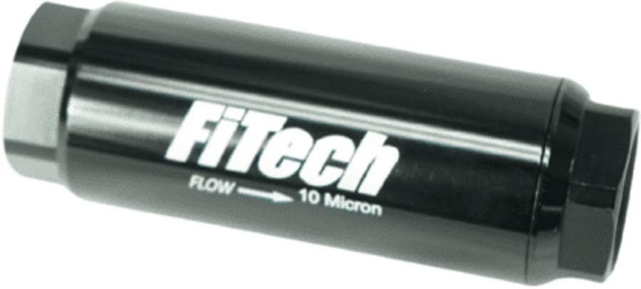 Effective filtration is an important part of the fuel system. FiTech’s Billet 100-micron fuel filter (PN 55003) is designed to be placed between the fuel tank and an inline pump. The 10-micron filter (PN 55002) is used between the pump and the EFI system.