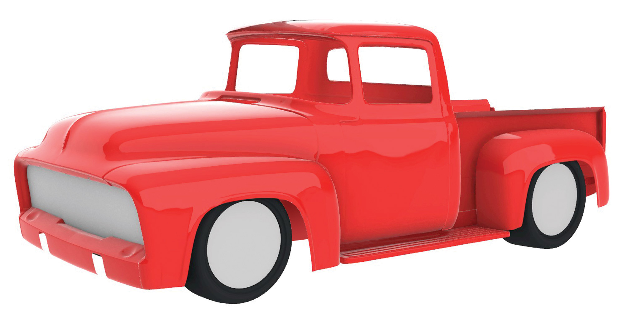 three quarter view of a simple graphic depiction of the truck scan in red on a white background