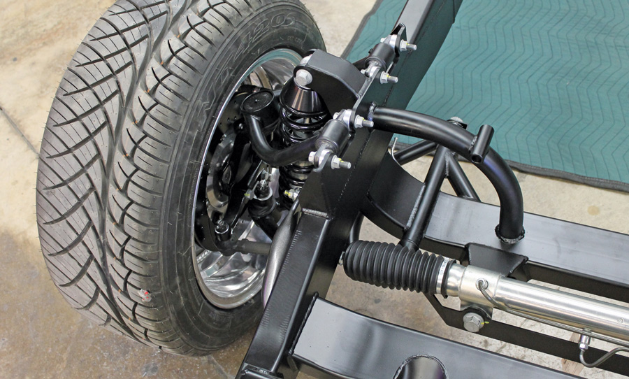 Detailed photo of the fully assembled front suspension. AME provides visual aids to assist with wheel sizing for proper fitment and brake clearance.