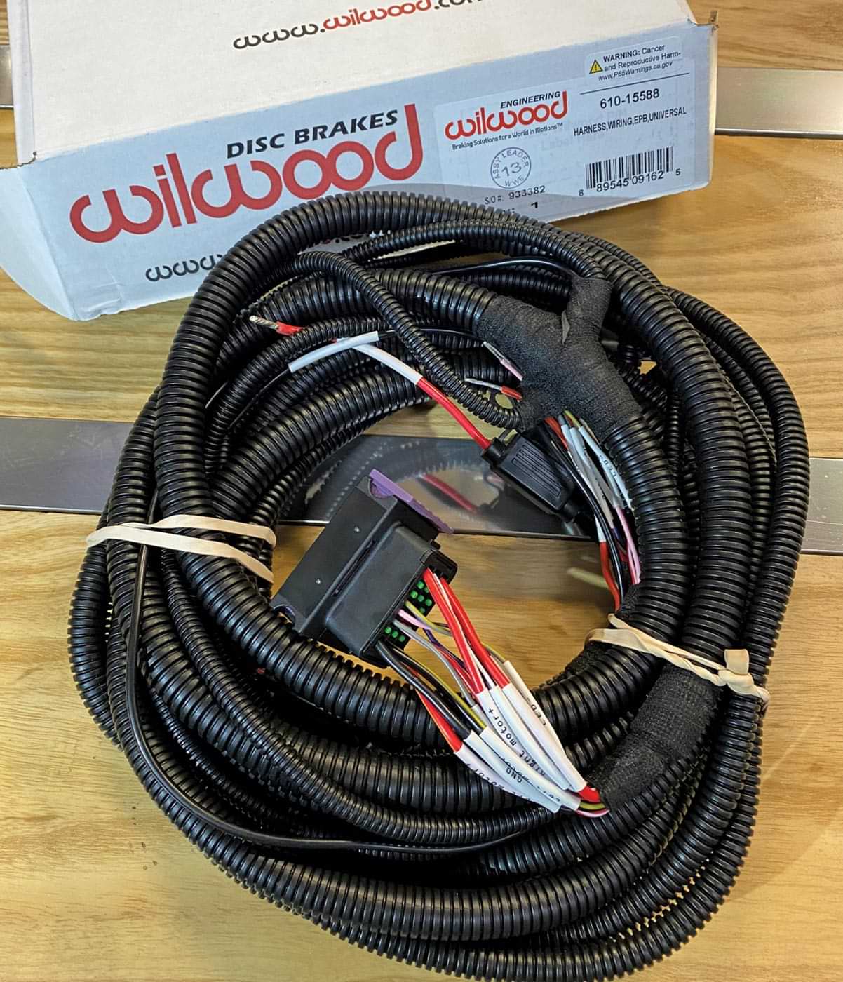 the harness for Wilwood’s EPB kit, fresh out of the box