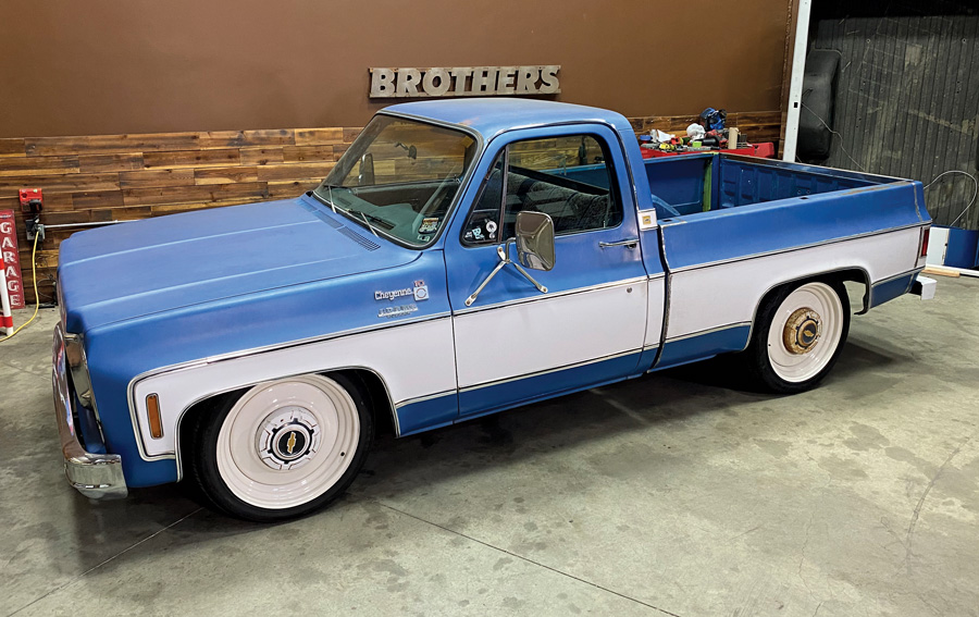 Blue and white chevy truck