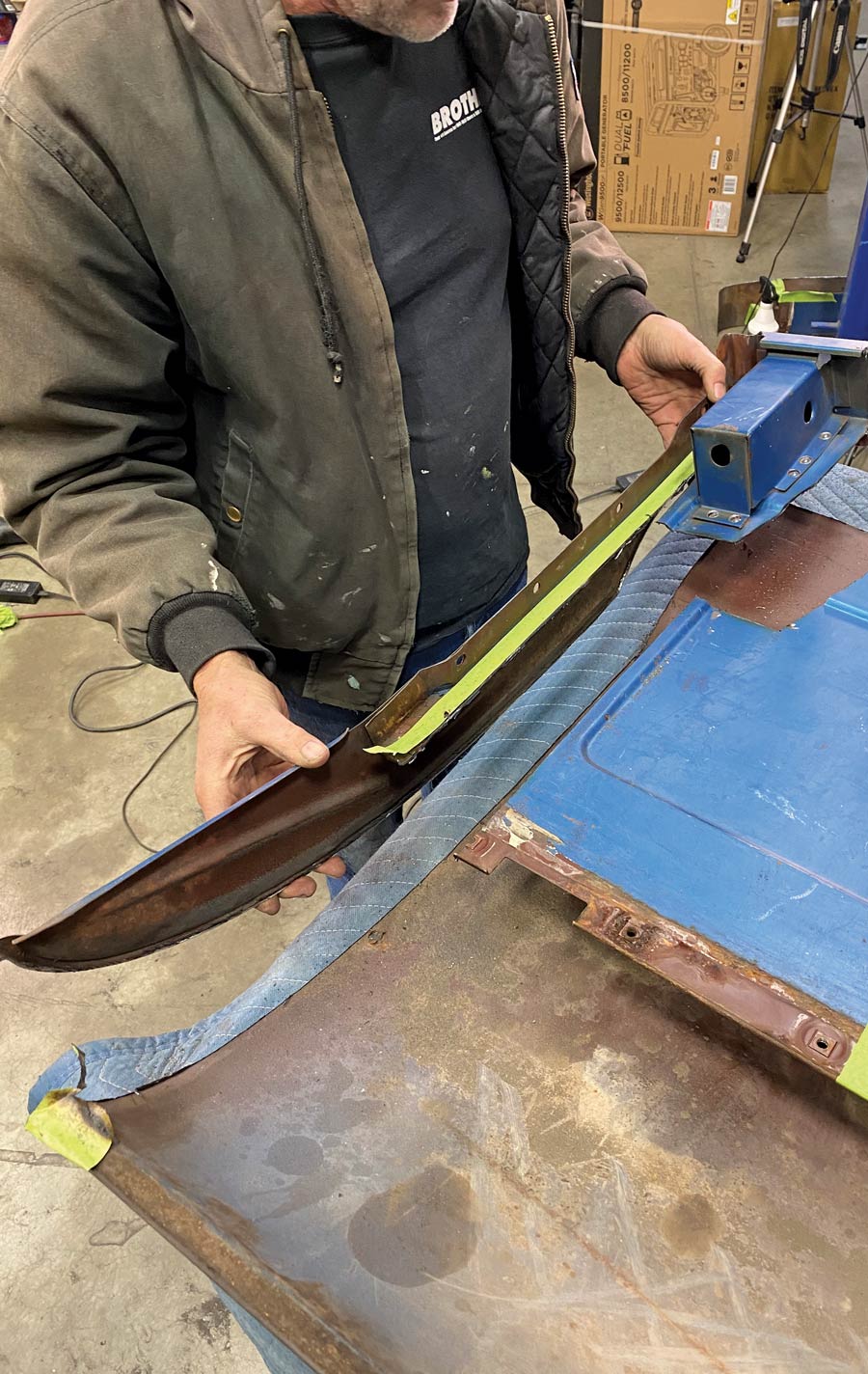 After completing your dogleg cut on the bedrail, trim the panel around the pocket, as shown, then proceed with cutting the leading edge—if done correctly, your forward section should come off in one piece.