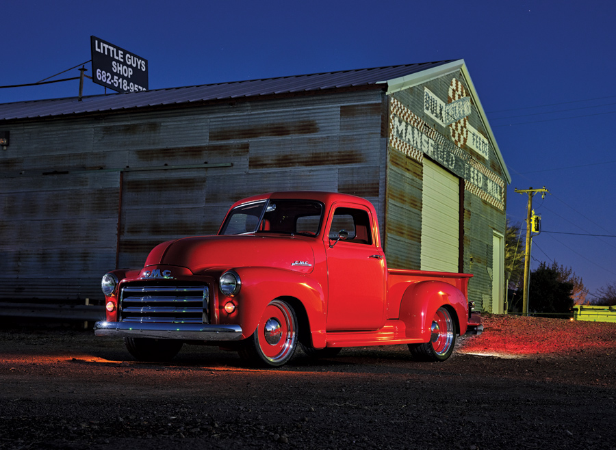 '49 GMC in front of mill with sun setting