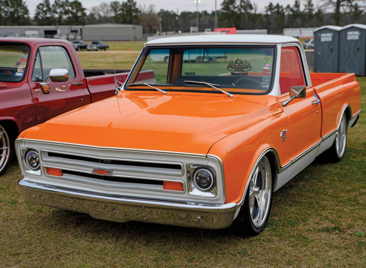 Orange and white Chevy truck