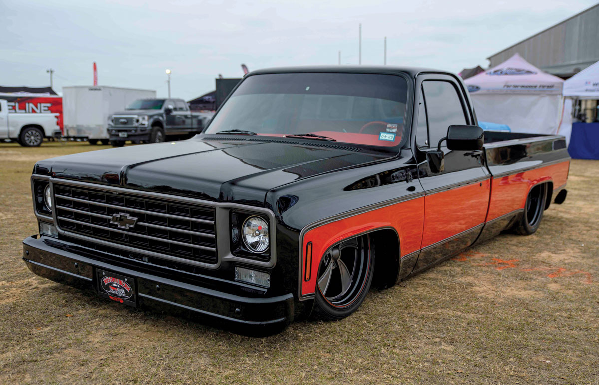 Lowered black and red Chevy truck