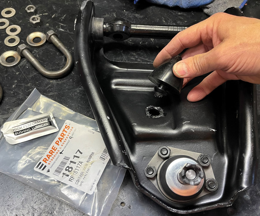 We replaced the upper control arm bumpers with new ones from Rare Parts. They’re a great solution when it comes to hard-to-find restoration pieces.