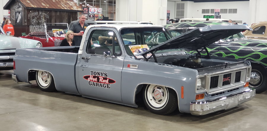 light grey truck with Tony's Hot Rod Garage sticker decal