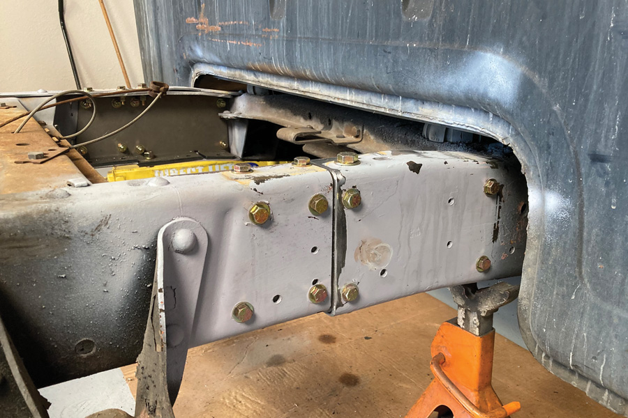 The holes drilled using the template correspond to those in the C-channel plate perfectly and, when joined, result in a 115-inch wheelbase frame.