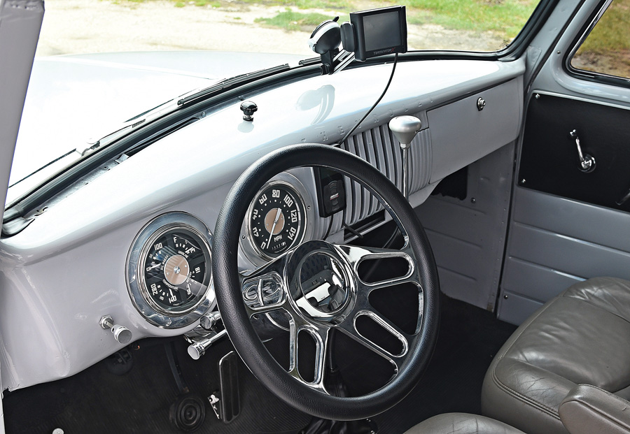 steering wheel and dashboard in a '55 Chevy