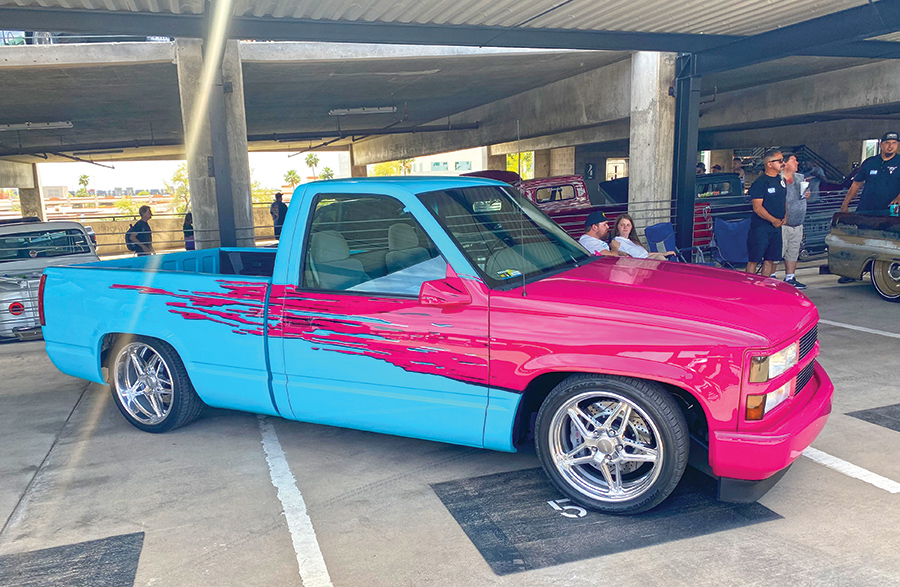pink and blue truck