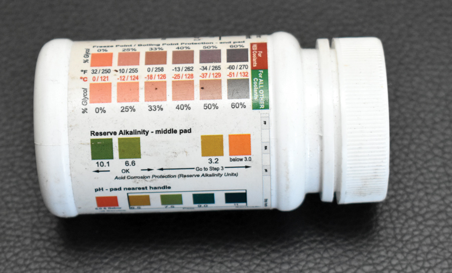 By matching the color on the test strip to the chart on the antifreeze bottle, alkalinity can be checked.