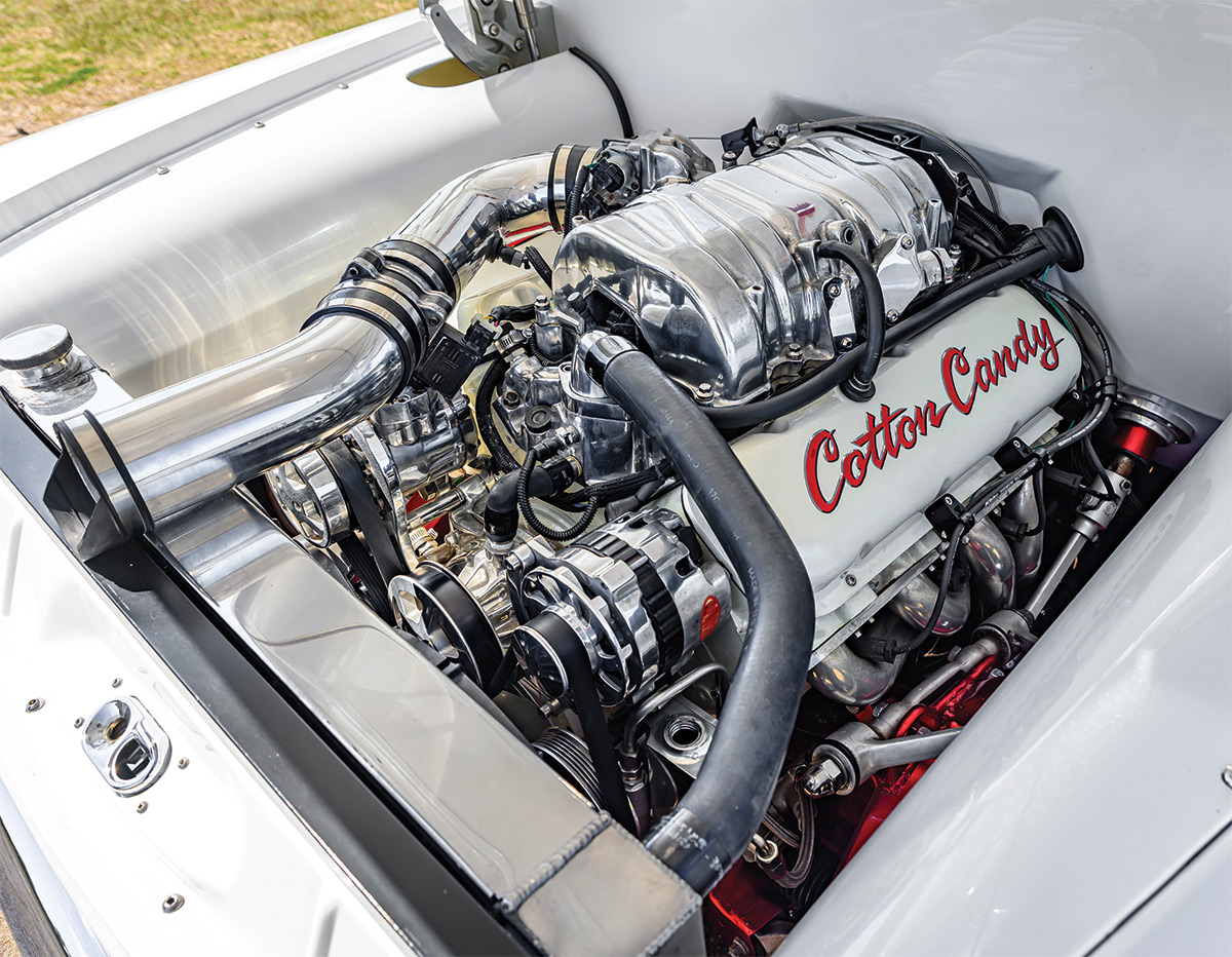 '55 Chevy Cameo engine view with Cotton Candy decal