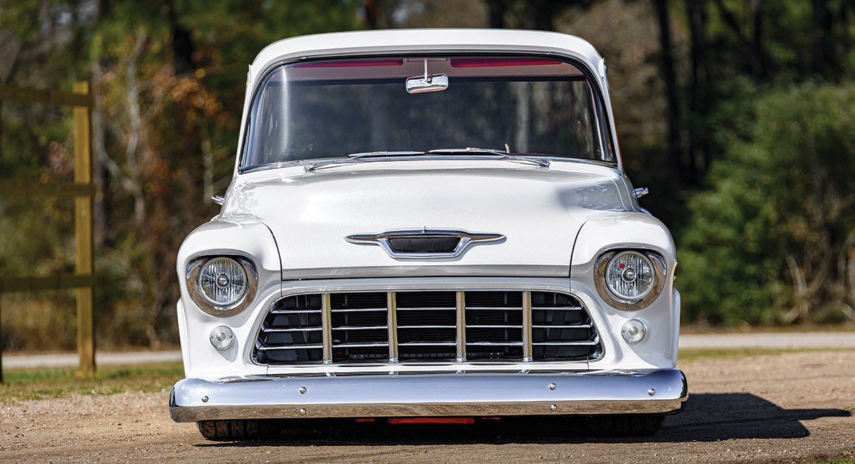 '55 Chevy Cameo front view of grill and bumper
