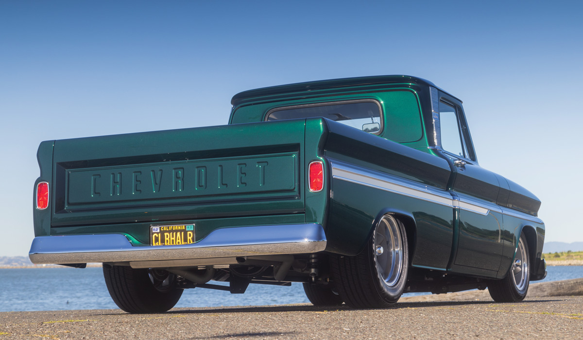 rear of green '65 Chevy C10