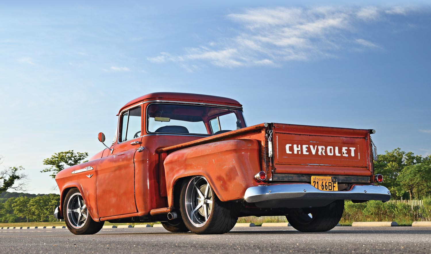 Rear side view of the 1955 Chevy
