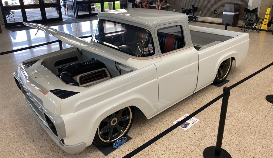 gray classic pickup with the hood opened