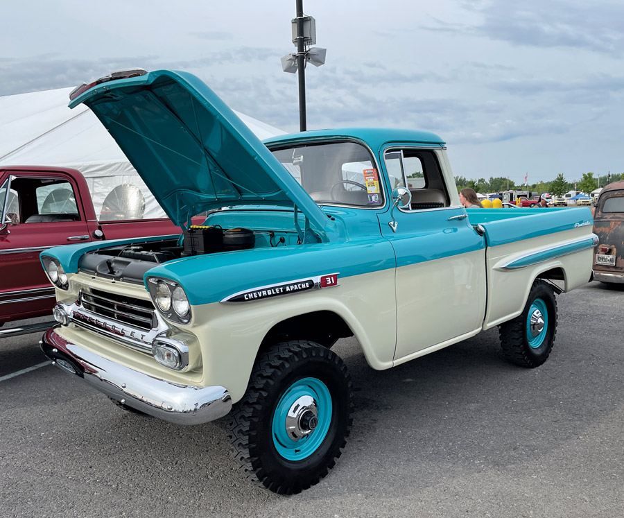 blue and white classic pickup truck