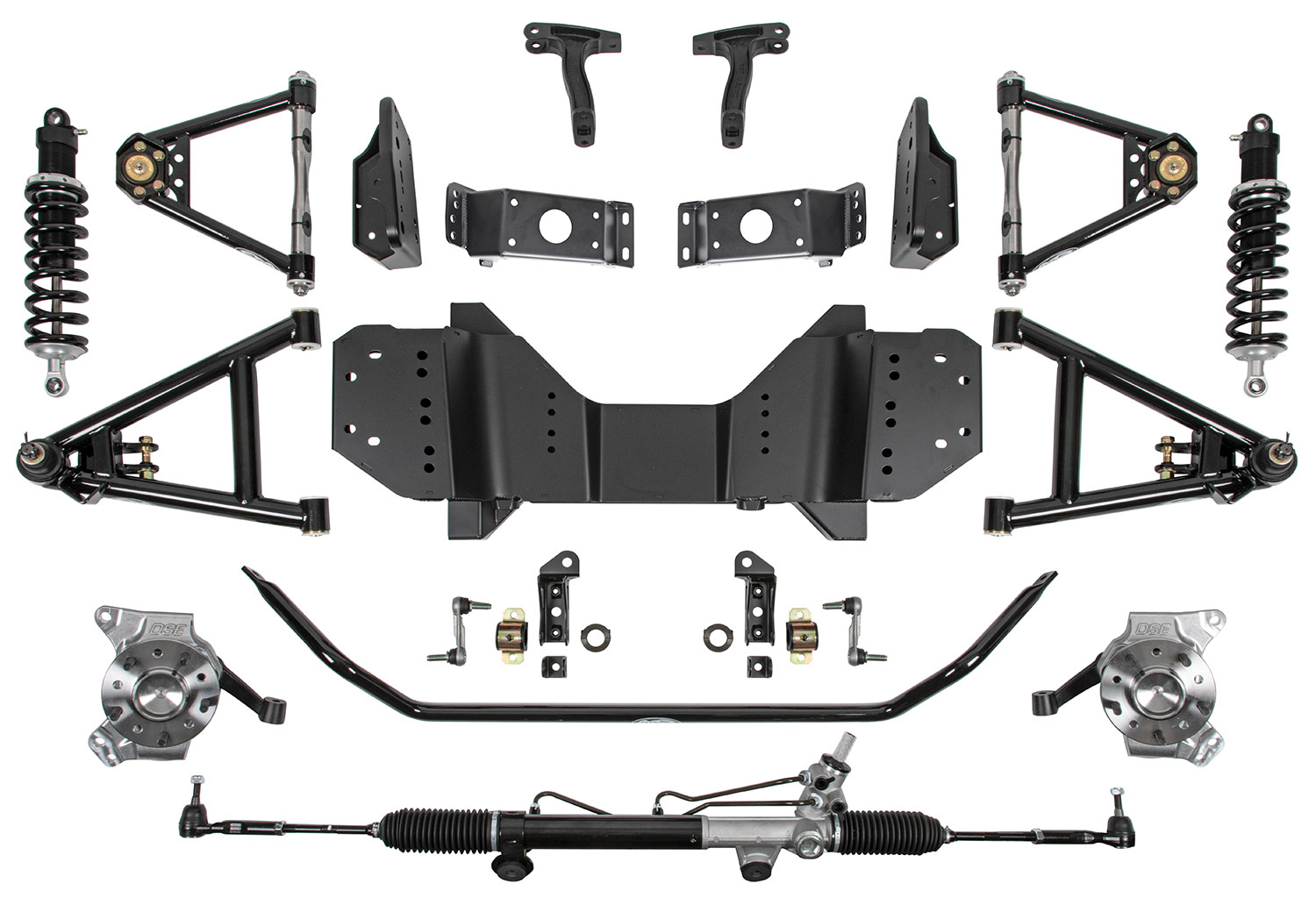 new crossmember mounts tubular A-arms, coilovers, and rack-and-pinion steering evenly laird out in the respective places