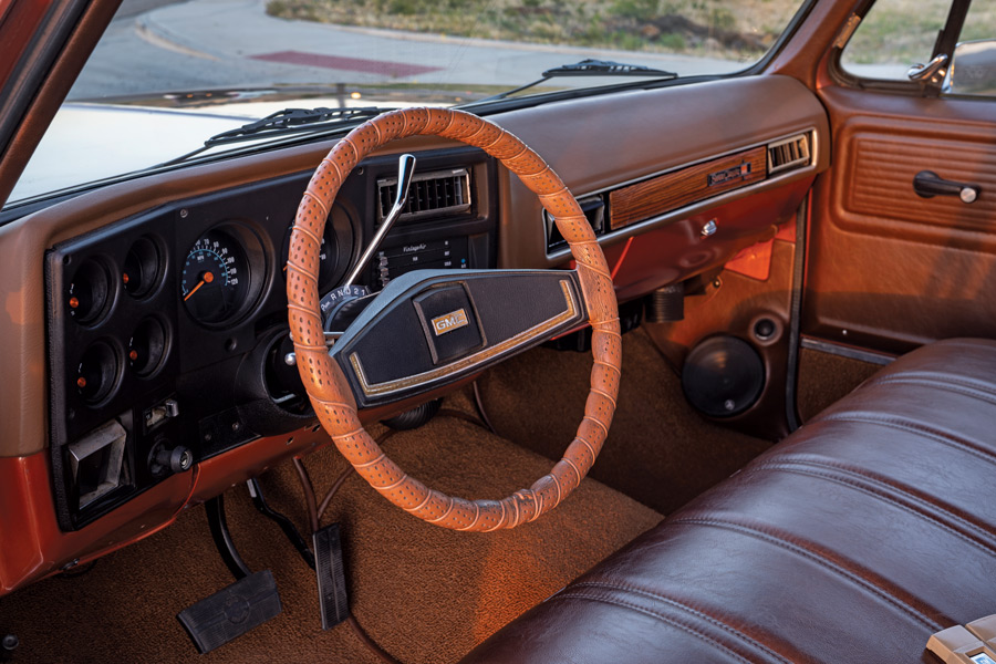 steering wheel and interior in a '77 GMC Sierra