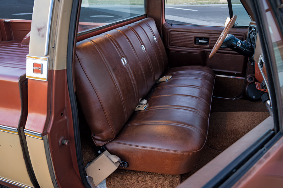 brown leather car interior in a '77 GMC Sierra