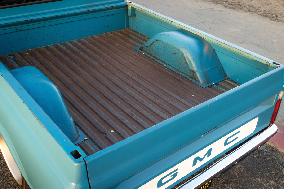 bed of a blue '72 GMC truck
