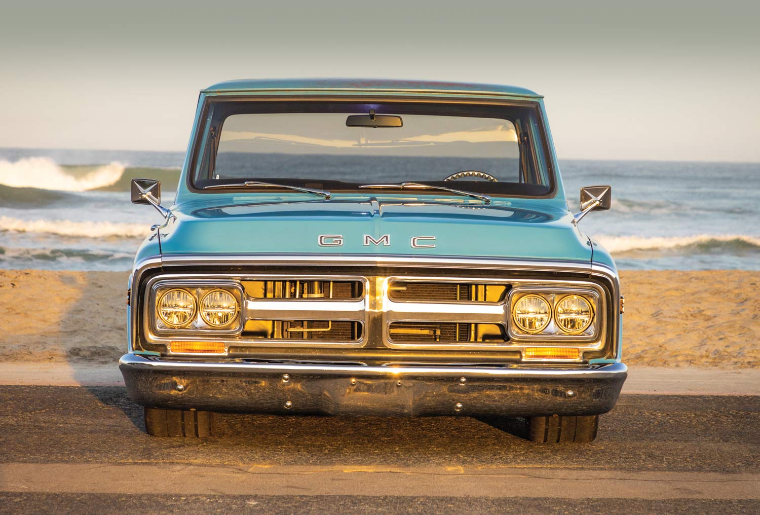 front of a blue '72 GMC truck