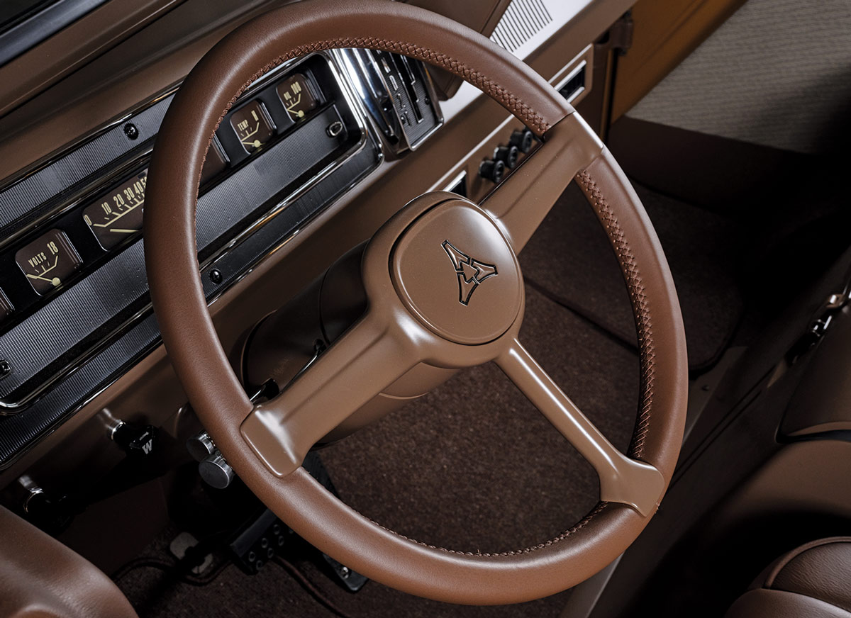 the '69 Dodge A108's steering wheel and driver dashboard