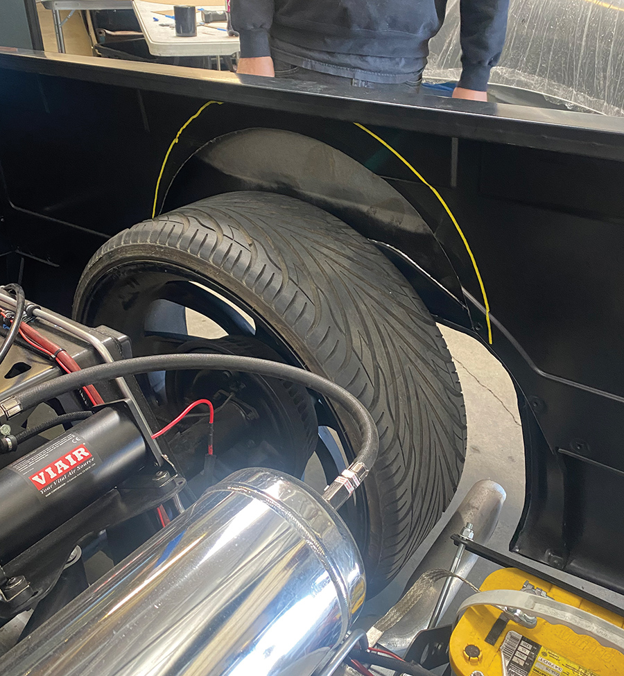 During this process, the rear suspension was articulated, which revealed that the inner bed side panel at the wheel opening needed to be relieved in order to fit the 26-inch wheels (anything below 22 inches would not have required this!).
