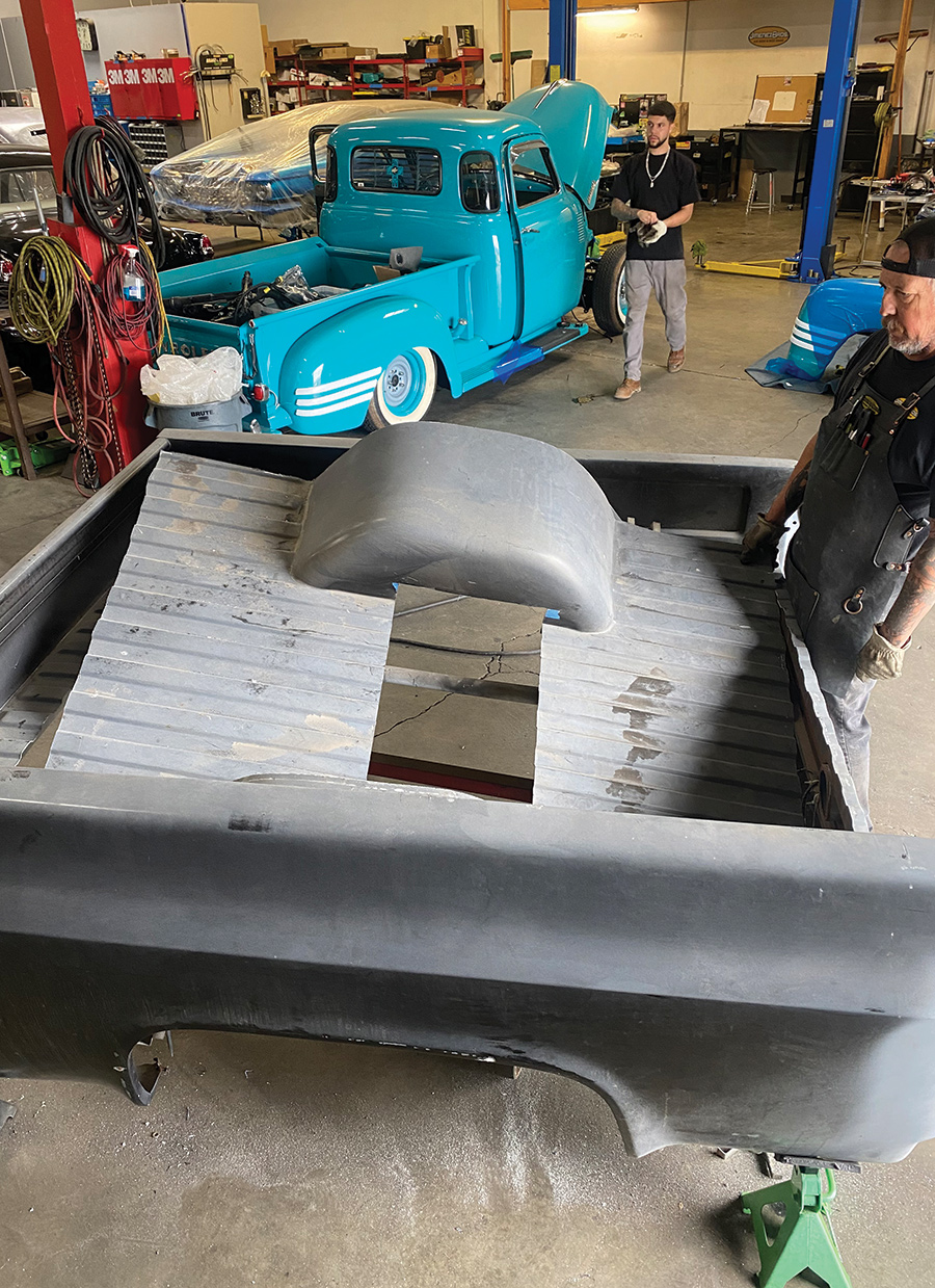 Plan B was to dissect the entire floor and wheeltubs and utilize Auto Metal Direct’s all-new Squarebody bed floor assembly with 4-inch-wider wheeltubs (PN 790-4073-64S) with AMD’s accompanying 4-inch-wider wheelhouses (PN 760-4073-4).